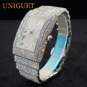 UNIGUET  Rectangular Men's Watch Full Iced Out Classic Design Luxury Wristwatches For Male Waterproof Calendar Quartz Watch Gift