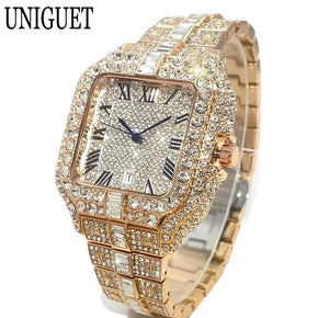 UNIGUET Fashion Watch For Men Luxury Rose Square Iced Out Quartz Watch Man Hip Hop Full Diamond Jewelry Wristwatch Reloj HombreU
