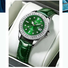 The best-selling women's watch is a green diamond-encrusted elegant ladies' wristwatch with a moonlight calendar and a retro sty